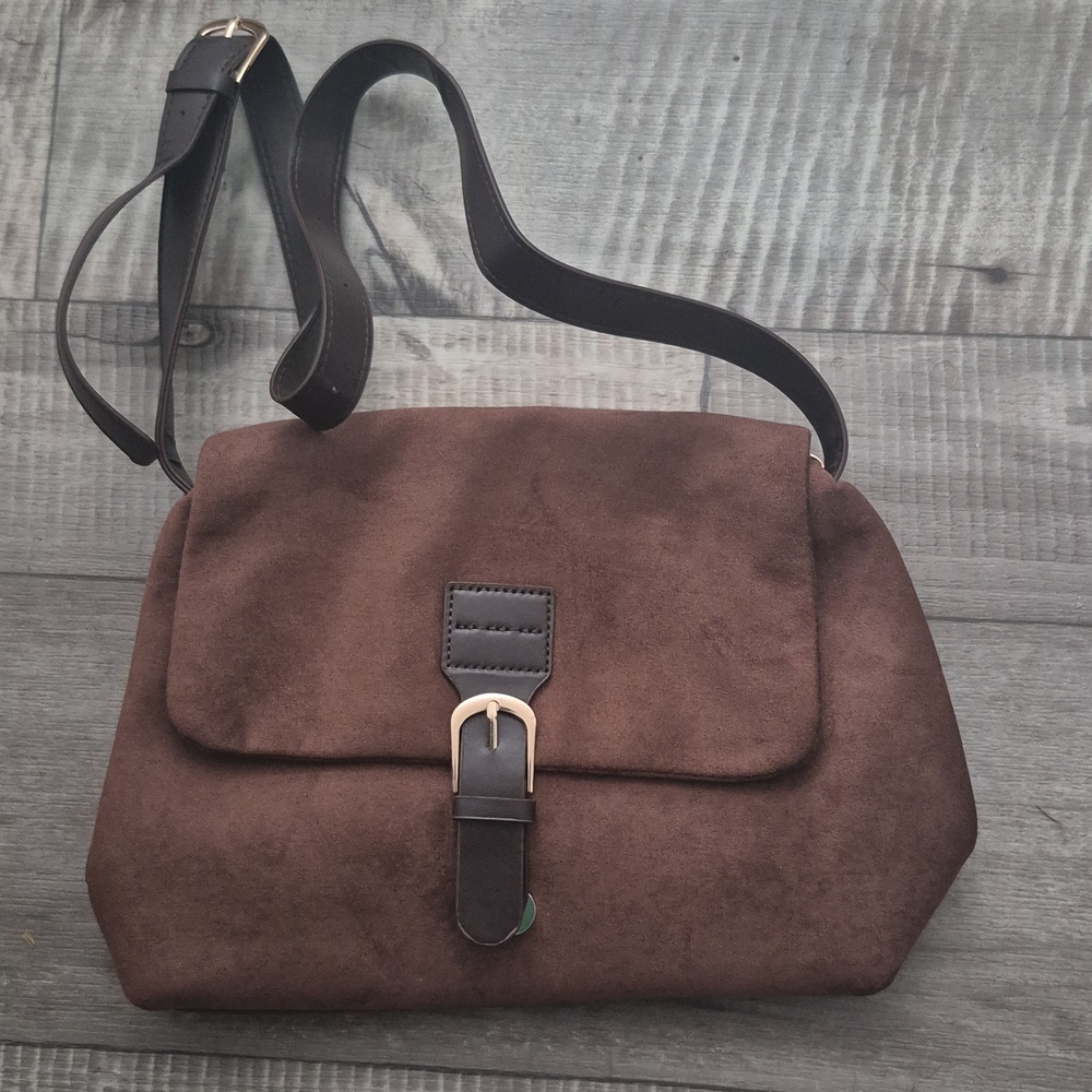 Commense Faux Suede Shoulder Bag  Buckle Strap Brown NWT - Picture 6 of 11